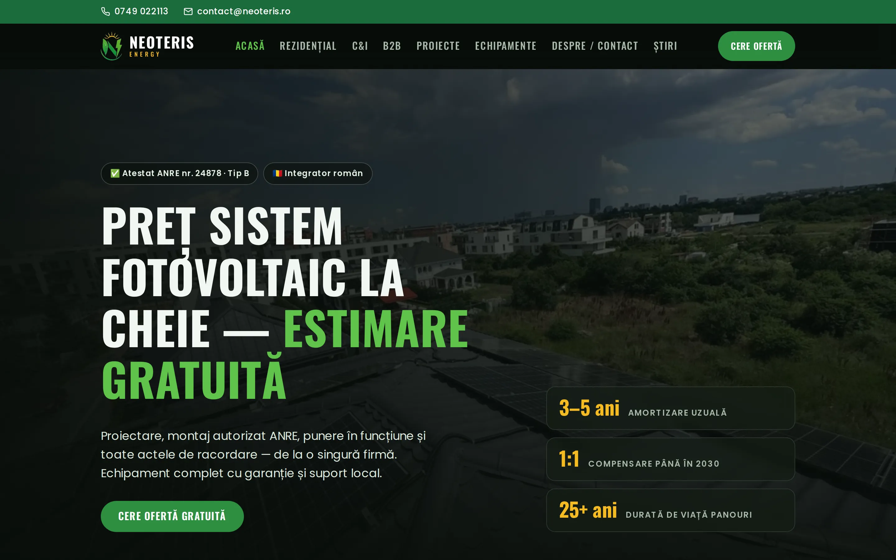Homepage of neoteris.ro, the solar installer website we built